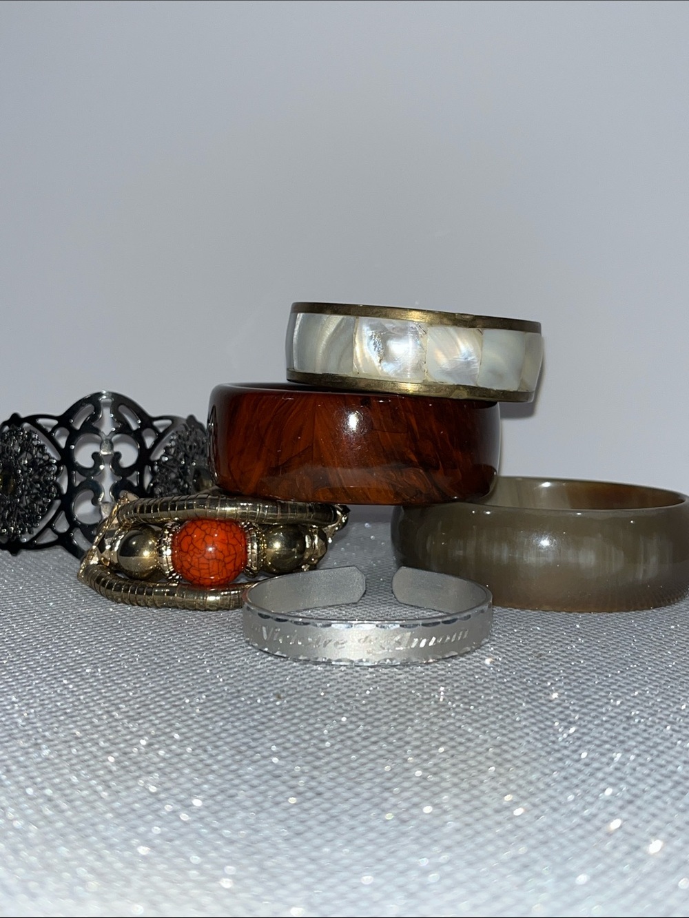 6 Mixed Vintage Bangle Bracelet Stack — Brown, Ivory, Gray, Black, Gold